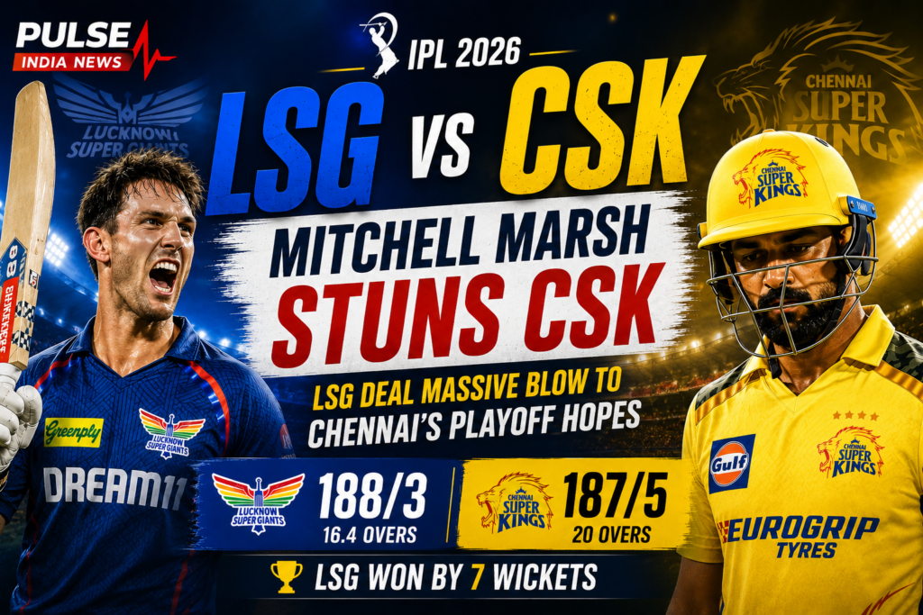 Mitchell Marsh celebrating during Lucknow Super Giants’ seven-wicket win over Chennai Super Kings in IPL 2026 at Ekana Stadium.