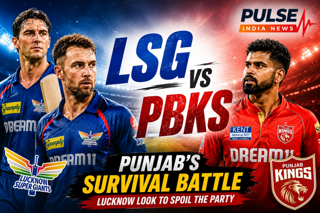 LSG vs PBKS IPL 2026 featured image showing Mitchell Marsh, Josh Inglis and Shreyas Iyer in a dramatic stadium background with “Punjab’s Survival Battle” headline and Pulse India News logo.