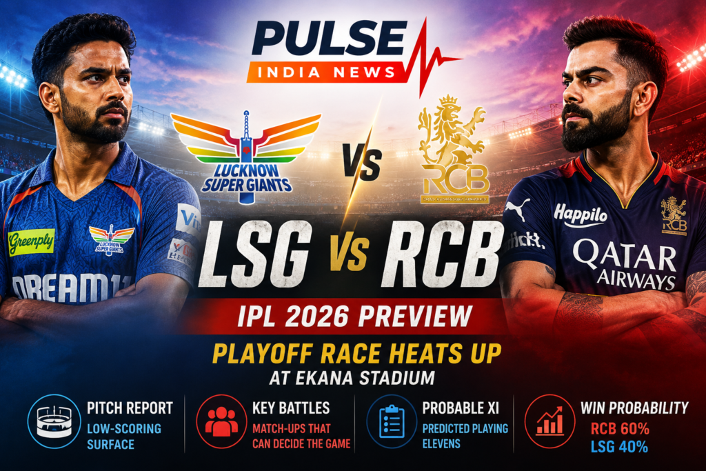 LSG vs RCB IPL 2026 preview poster featuring Rishabh Pant and Virat Kohli ahead of the Lucknow Super Giants vs Royal Challengers Bengaluru clash at Ekana Stadium.
