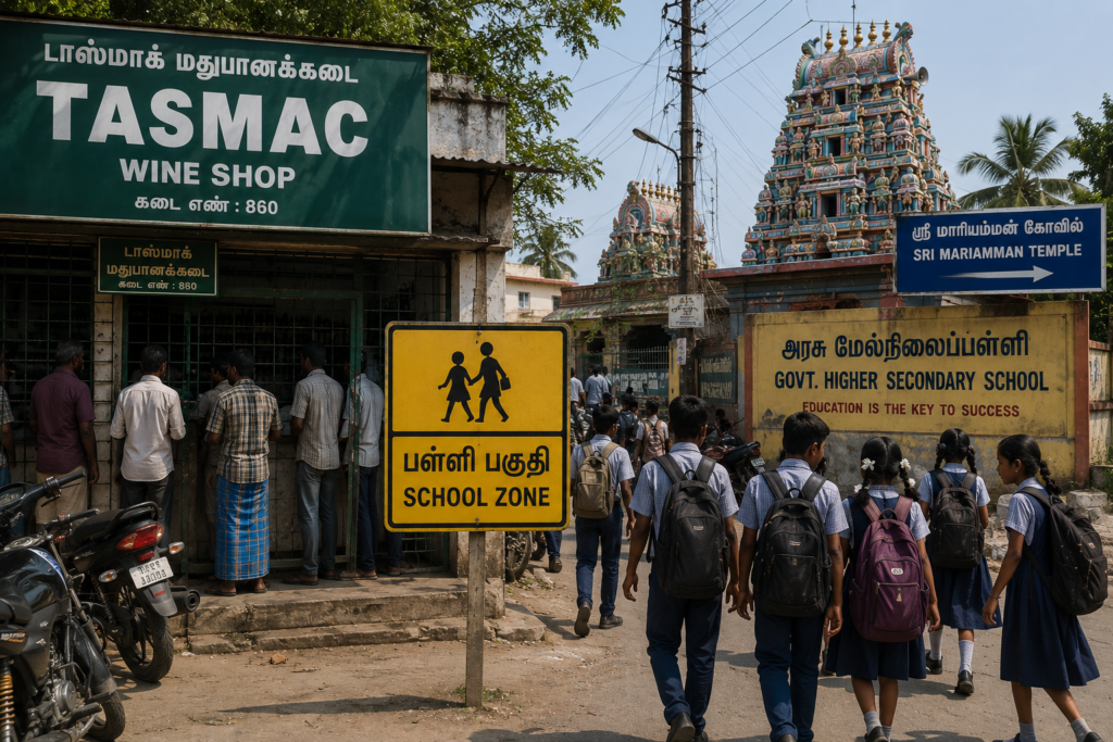 School and temple areas near TASMAC liquor shops in Tamil Nadu