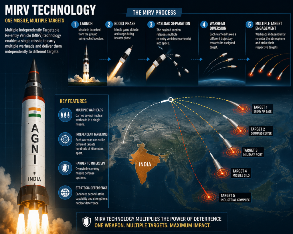 Agni Missile: One Weapon, Multiple Targets — India’s Strategic Leap with MIRV Technology Infographic explaining MIRV technology where one Agni missile releases multiple independently targetable warheads.