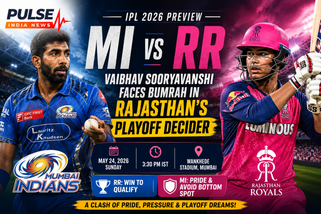 MI vs RR IPL 2026 featured image showing Jasprit Bumrah and Vaibhav Sooryavanshi with playoff decider headline, Wankhede Stadium background and Pulse India News logo.