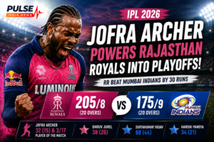 Jofra Archer celebrating during Rajasthan Royals vs Mumbai Indians IPL 2026 match as RR qualify for playoffs with 30-run victory