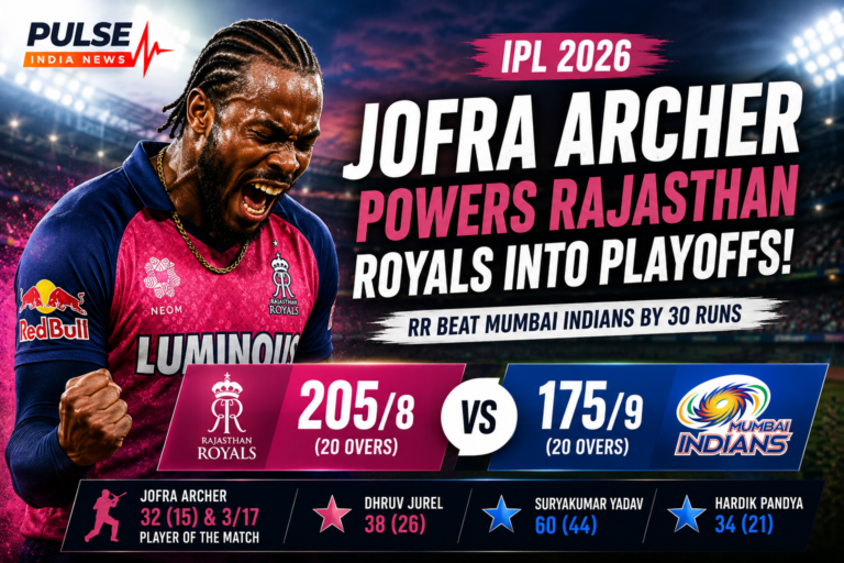 Jofra Archer celebrating during Rajasthan Royals vs Mumbai Indians IPL 2026 match as RR qualify for playoffs with 30-run victory