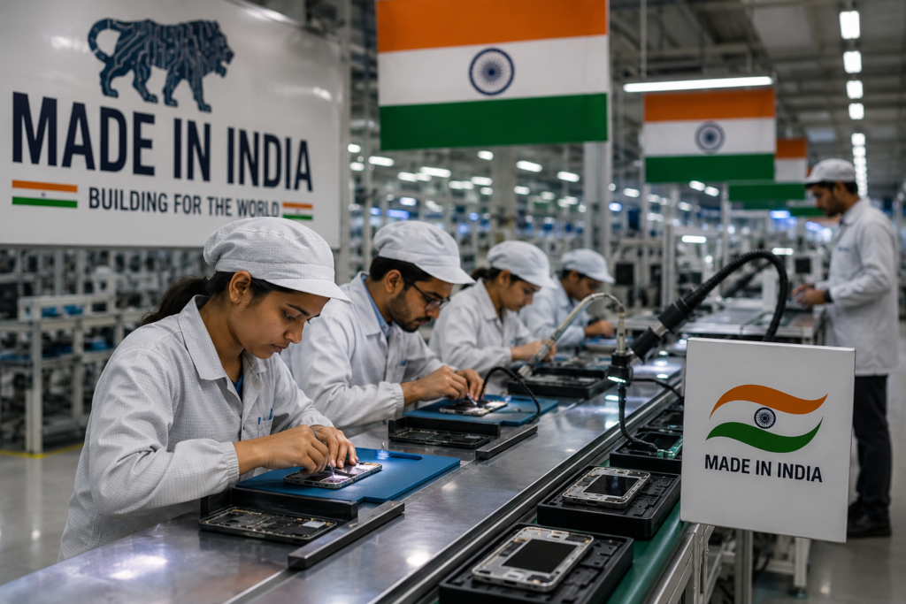 Workers assembling smartphones inside a modern electronics manufacturing facility in India under the Make in India initiative