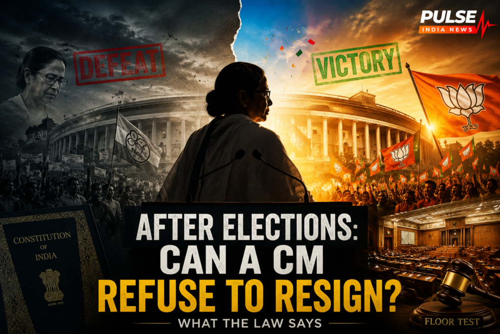 Cinematic news graphic showing a Chief Minister at a podium with split background of political defeat and victory, Indian Parliament, Constitution and assembly visuals