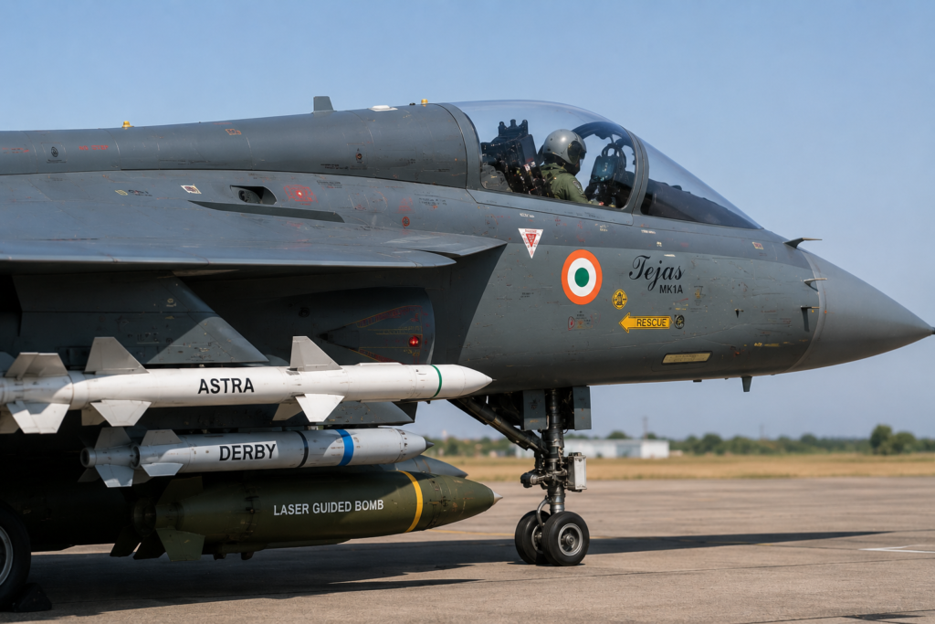 Tejas Mk1A carrying advanced air-to-air missiles and precision-guided weapon systems.