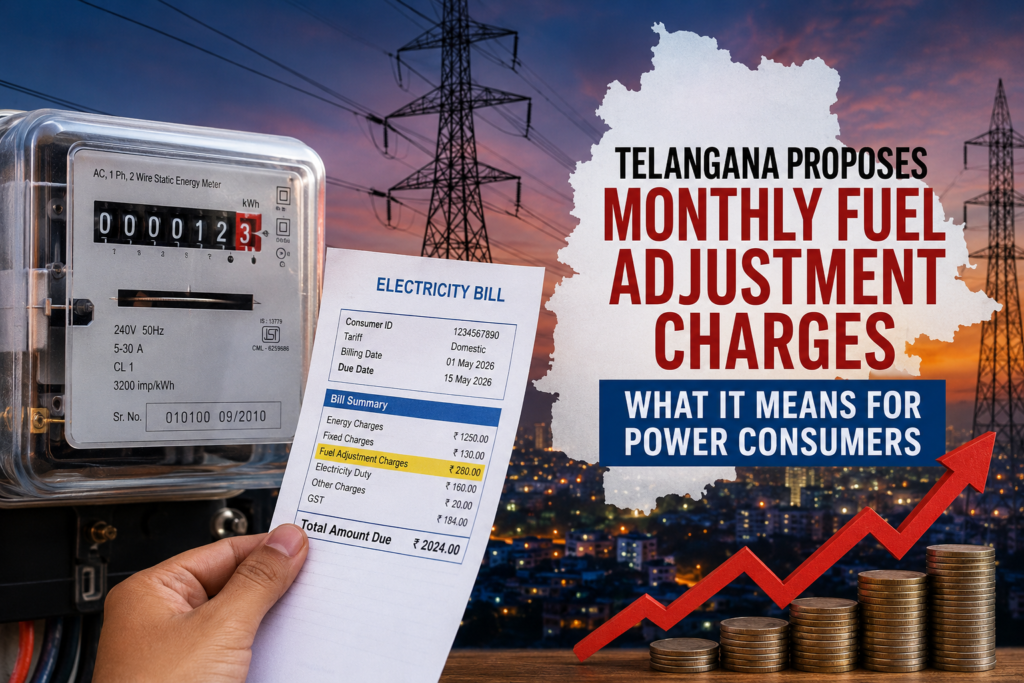 Telangana Proposes Monthly Fuel Adjustment Charges Amid Rising DISCOM Losses Electricity meter, power bill and Telangana map representing proposed monthly fuel adjustment charges for electricity consumers in Telangana.