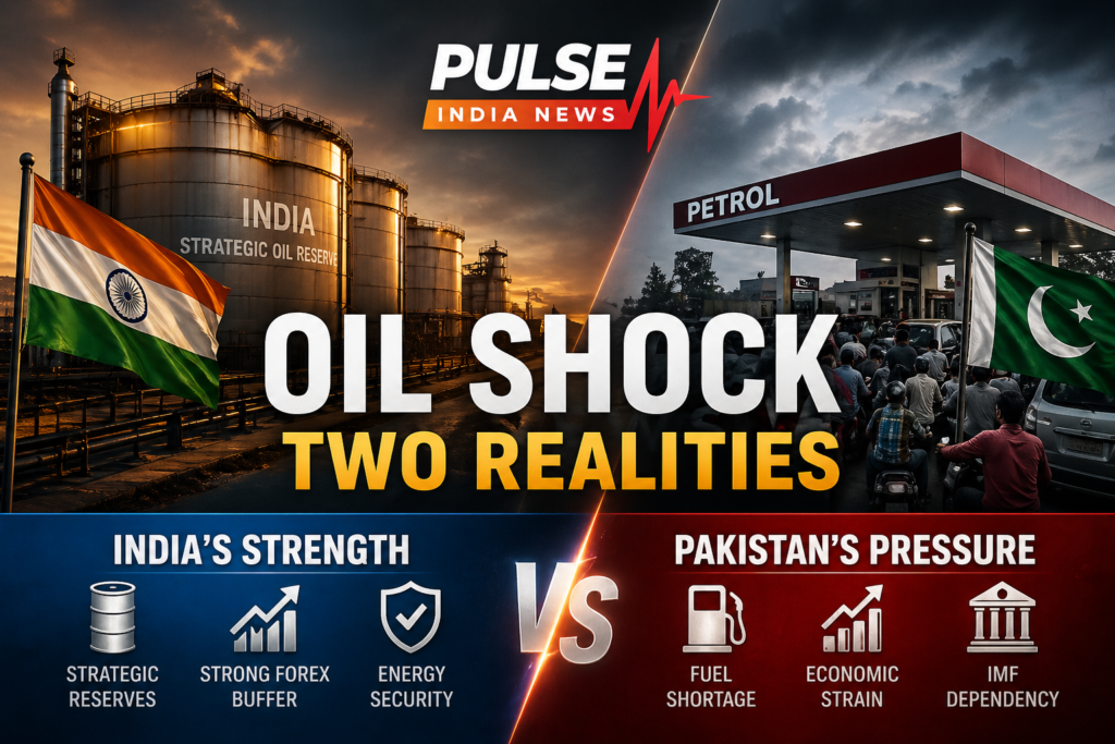 India and Pakistan economic contrast during global oil shock showing oil reserves on one side and fuel crisis on the other