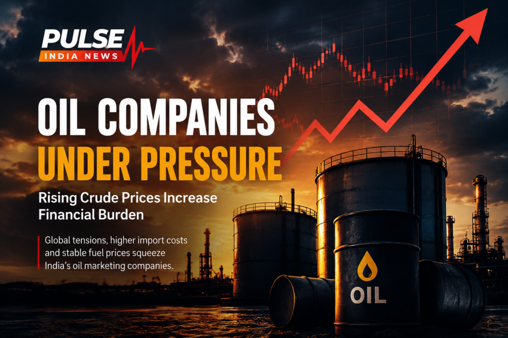 Cinematic illustration of oil storage tanks and rising crude oil price graph representing financial pressure on Indian oil marketing companies.