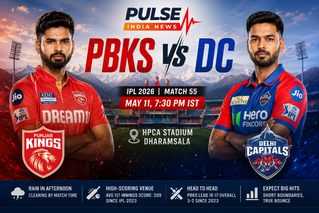 PBKS vs DC IPL 2026 match preview poster featuring Punjab Kings and Delhi Capitals players at HPCA Stadium Dharamsala with Pulse India News logo.