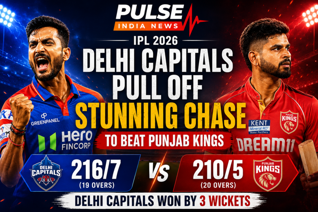 Delhi Capitals defeat Punjab Kings by 3 wickets in IPL 2026 Dharamsala match cinematic poster featuring Axar Patel and PBKS player with final scores displayed.