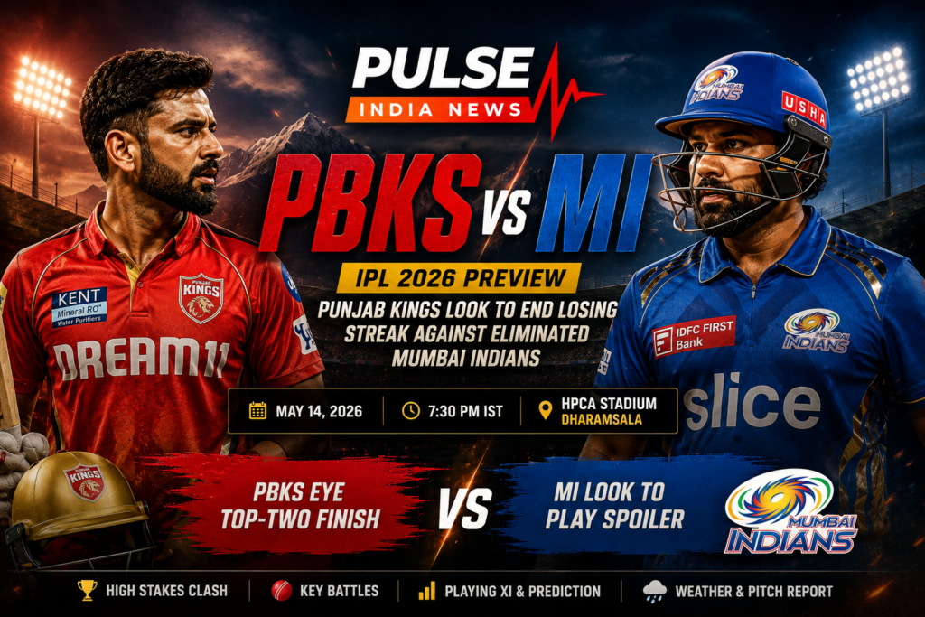 Punjab Kings vs Mumbai Indians IPL 2026 preview poster featuring cinematic cricket visuals, Dharamsala stadium background and Pulse India News logo.