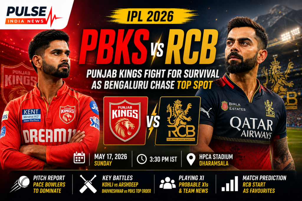 Shreyas Iyer and Virat Kohli featured in PBKS vs RCB IPL 2026 preview graphic for the Dharamsala match with playoff implications.