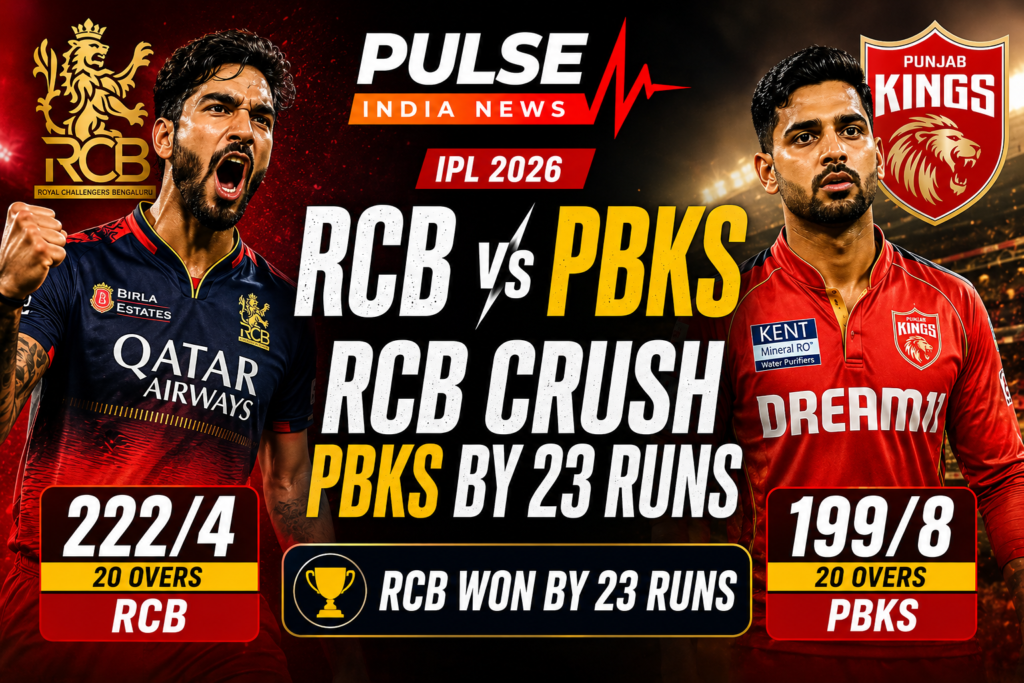 RCB vs PBKS IPL 2026: Venkatesh Iyer, Kohli Power Bengaluru to Dominant 23-Run Win RCB vs PBKS IPL 2026 featured image showing Royal Challengers Bengaluru defeating Punjab Kings by 23 runs with Virat Kohli and Punjab Kings player visuals alongside team logos and match scores.