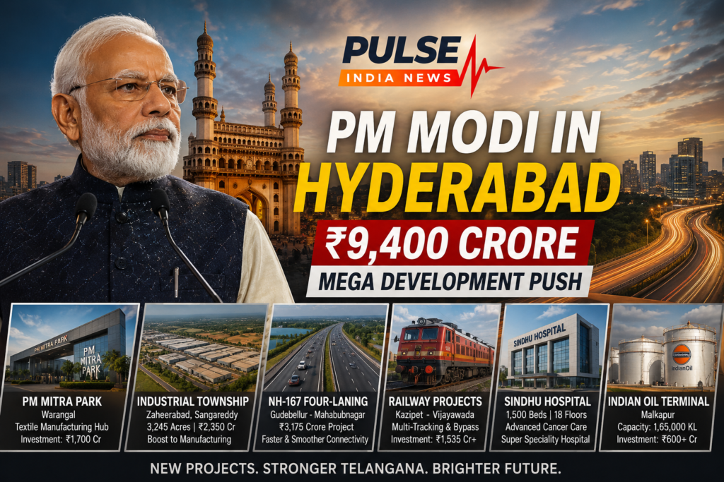 Prime Minister Narendra Modi in Hyderabad during launch of ₹9,400 crore Telangana development projects including PM MITRA Park and railway infrastructure upgrades