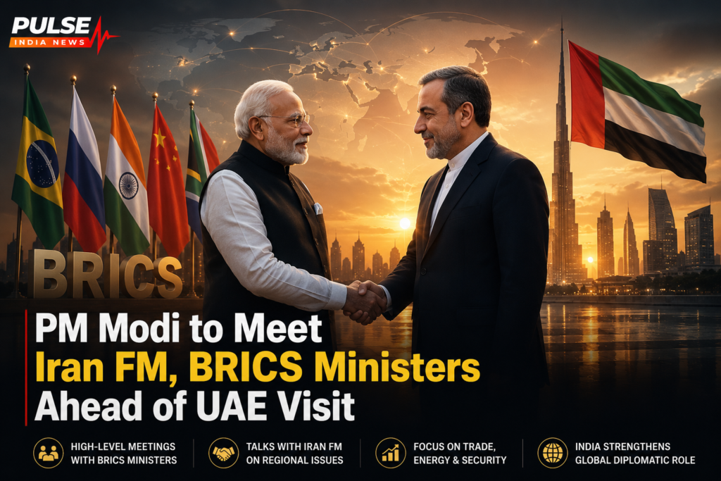PM Narendra Modi meeting Iran Foreign Minister with BRICS flags and UAE skyline in cinematic diplomatic news poster for Pulse India News.