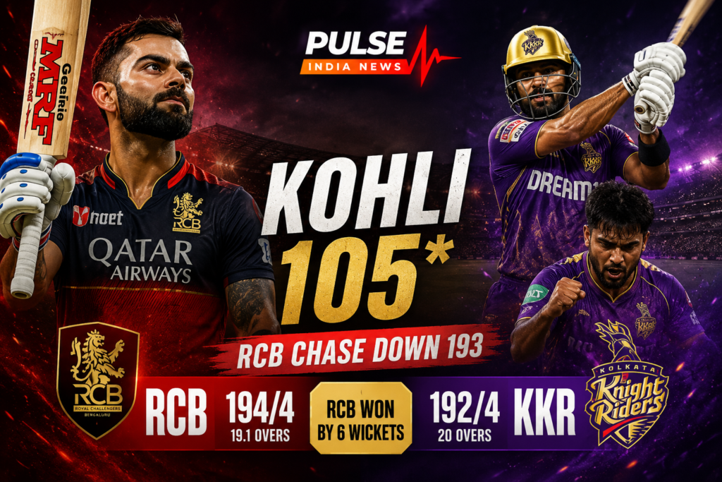 Virat Kohli celebrating after scoring a century during RCB vs KKR IPL 2026 match with cinematic stadium lights and Pulse India News logo.