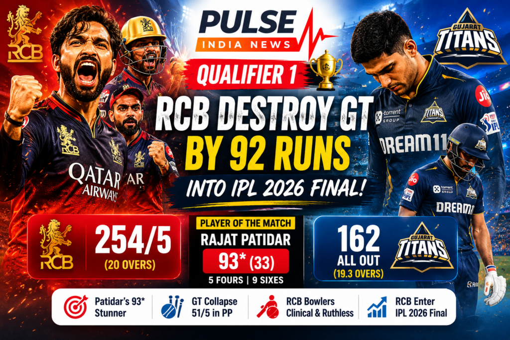 Rajat Patidar celebrates during RCB vs GT IPL 2026 Qualifier 1 review graphic after Royal Challengers Bengaluru defeated Gujarat Titans by 92 runs to reach the IPL 2026 final.