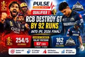 Rajat Patidar celebrates during RCB vs GT IPL 2026 Qualifier 1 review graphic after Royal Challengers Bengaluru defeated Gujarat Titans by 92 runs to reach the IPL 2026 final.