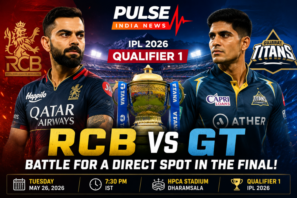 Virat Kohli and Shubman Gill featured in IPL 2026 Qualifier 1 promotional poster for RCB vs GT at Dharamsala with IPL trophy in the center and Pulse India News logo on top.
