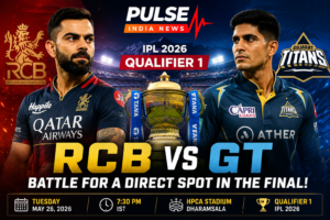 Virat Kohli and Shubman Gill featured in IPL 2026 Qualifier 1 promotional poster for RCB vs GT at Dharamsala with IPL trophy in the center and Pulse India News logo on top.