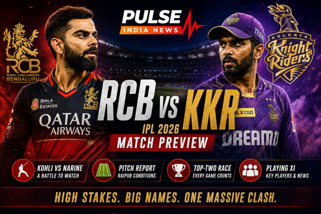 RCB vs KKR IPL 2026 Preview: Virat Kohli Faces Resurgent Kolkata Knight Riders in High-Stakes Clash RCB vs KKR IPL 2026 cinematic match preview poster featuring Virat Kohli and Kolkata Knight Riders players with Pulse India News logo in dramatic stadium background