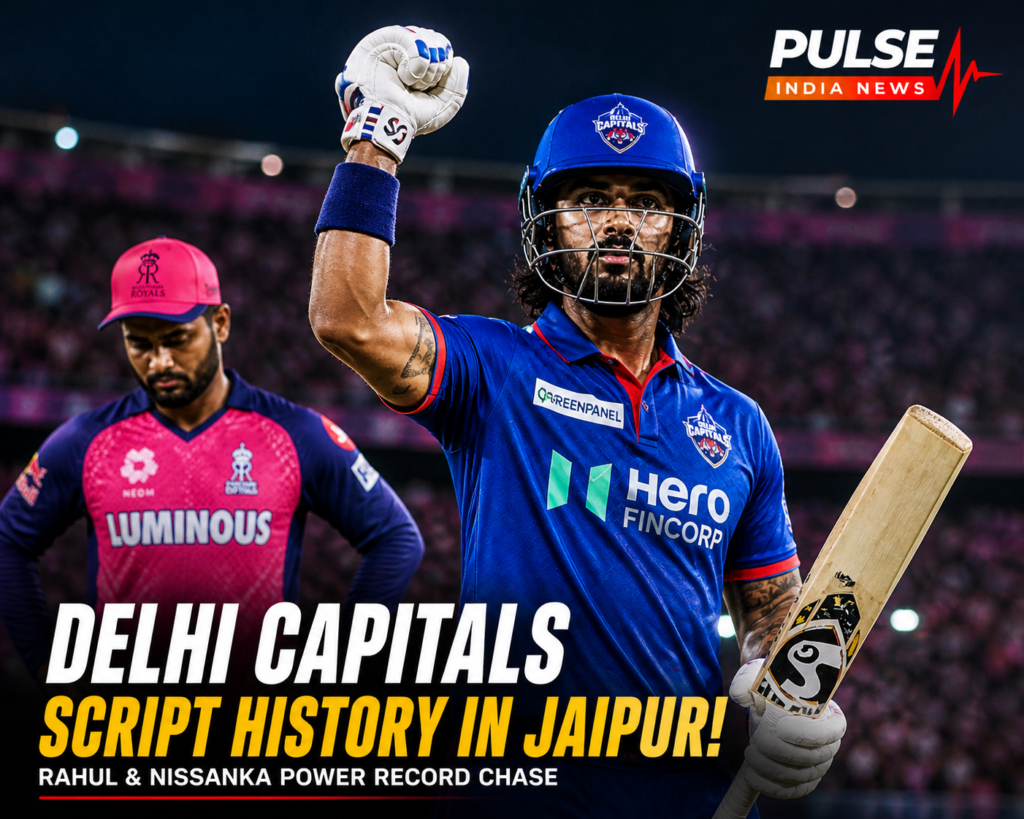 KL Rahul celebrating Delhi Capitals record 226 chase vs Rajasthan Royals IPL 2026 Jaipur match