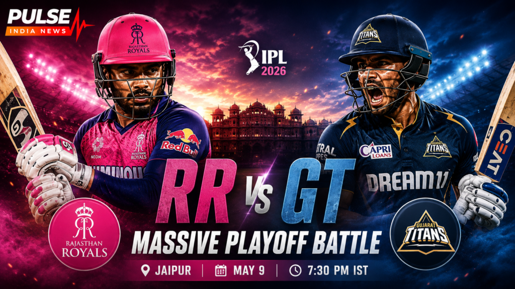 RR vs GT IPL 2026 cinematic preview poster featuring Rajasthan Royals and Gujarat Titans players ahead of the Jaipur playoff battle