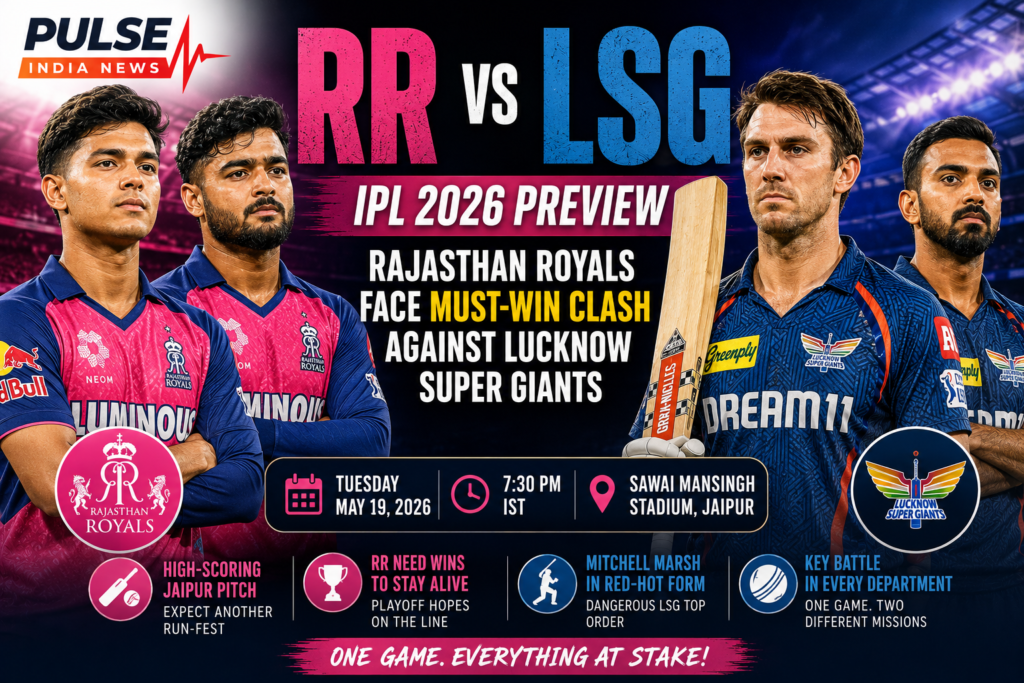 RR vs LSG IPL 2026 preview poster featuring Rajasthan Royals and Lucknow Super Giants players ahead of a crucial playoff race clash in Jaipur.