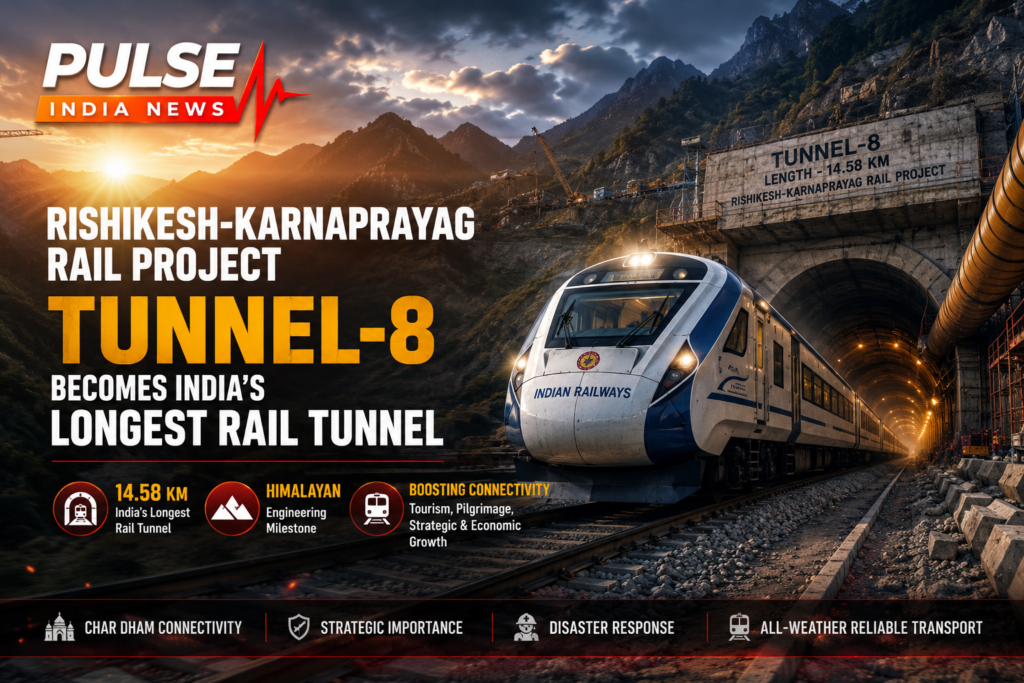 Indian Railways train emerging from Tunnel-8 of the Rishikesh-Karnaprayag rail project in the Himalayan mountains with Pulse India News branding.