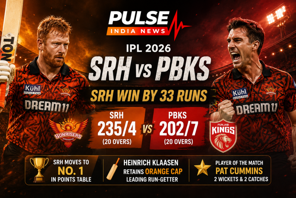 SRH vs PBKS IPL 2026 featured image showing Pat Cummins and Heinrich Klaasen after Sunrisers Hyderabad defeated Punjab Kings by 33 runs to move to No.1 in the points table.