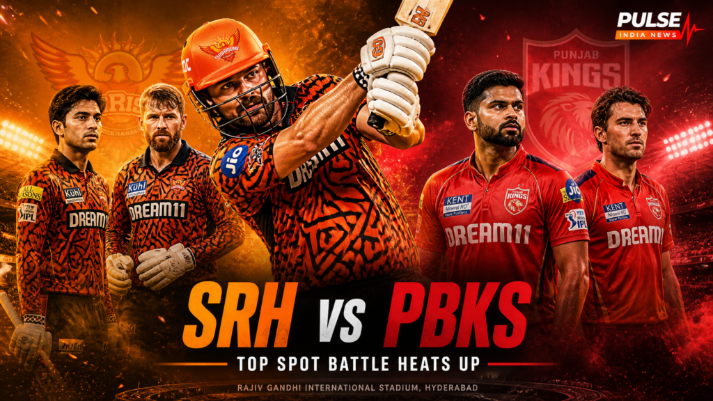 SRH vs PBKS IPL 2026 match poster showing Travis Head batting with Sunrisers Hyderabad and Punjab Kings players under stadium lights