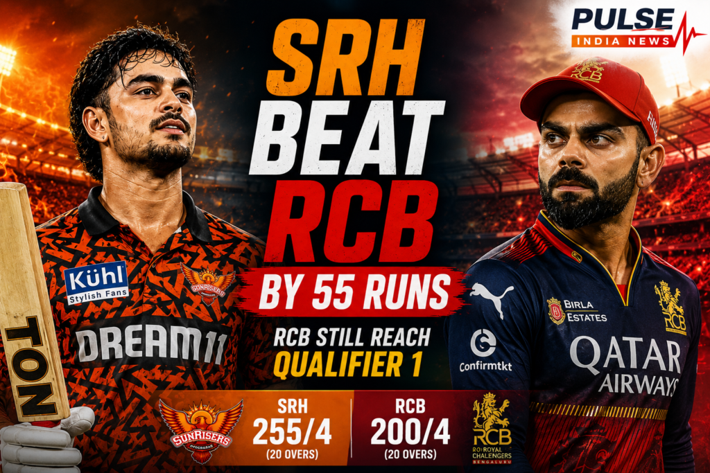 SRH vs RCB IPL 2026 featured image showing Ishan Kishan and Virat Kohli after Sunrisers Hyderabad defeated Royal Challengers Bengaluru by 55 runs while RCB qualified for Qualifier 1.
