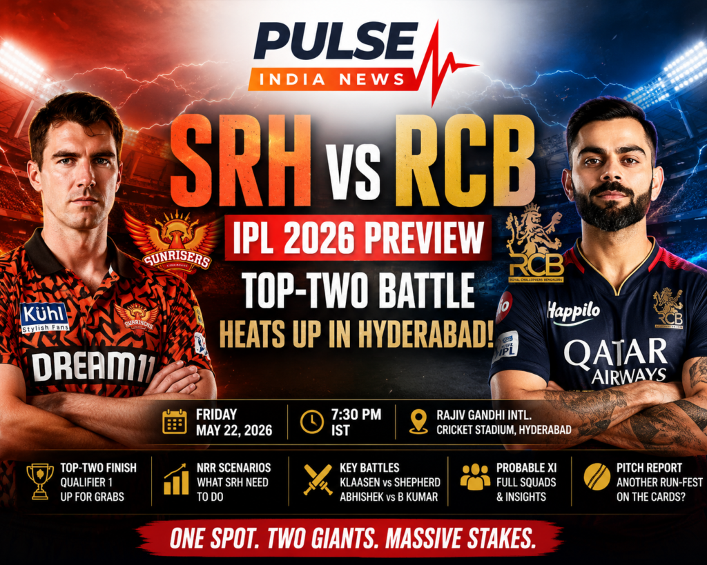 SRH vs RCB IPL 2026 preview featured image with Pat Cummins and Virat Kohli in a dramatic stadium background for Pulse India News