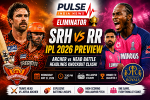 SRH vs RR IPL 2026 Eliminator preview poster featuring Travis Head, Jofra Archer and Riyan Parag with Pulse India News logo ahead of the knockout clash at Mullanpur Stadium.