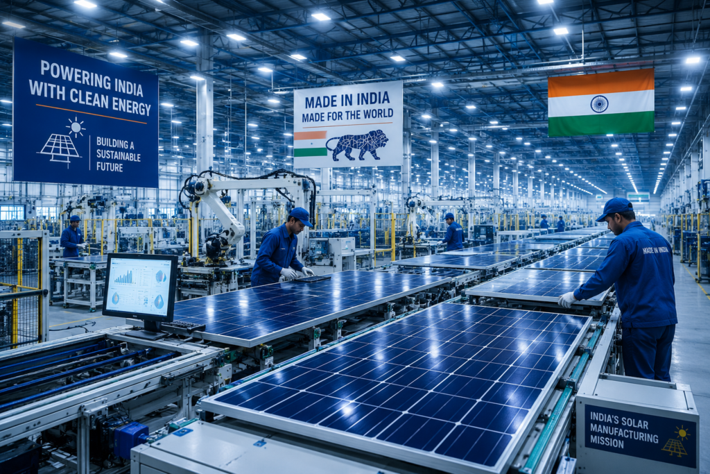 Solar panel manufacturing facility in India with rows of photovoltaic modules and clean-energy infrastructure