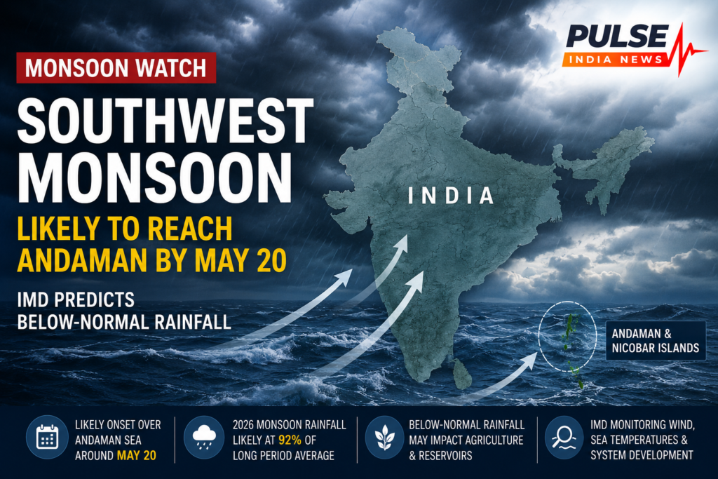 IMD weather graphic showing Southwest Monsoon likely to reach the Andaman region by May 20 with below-normal rainfall forecast for India