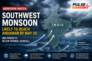 IMD weather graphic showing Southwest Monsoon likely to reach the Andaman region by May 20 with below-normal rainfall forecast for India