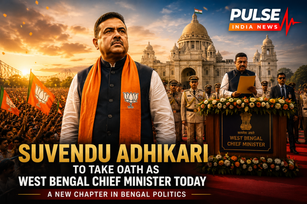 Suvendu Adhikari oath ceremony poster with West Bengal Assembly backdrop and BJP supporters