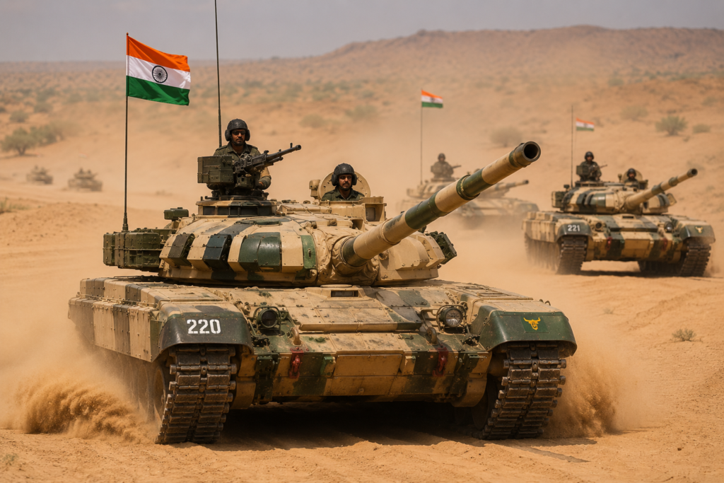 Indian Army T-72 Ajeya tanks during desert warfare exercise