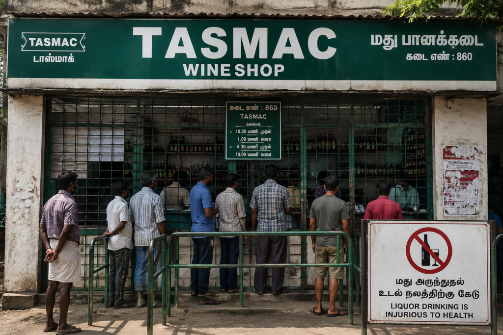 TASMAC liquor outlet in Tamil Nadu amid debate over alcohol regulation
