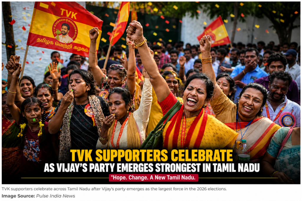 TVK supporters celebrating with flags and cheers after Vijay’s party emerged as the largest in Tamil Nadu Election 2026