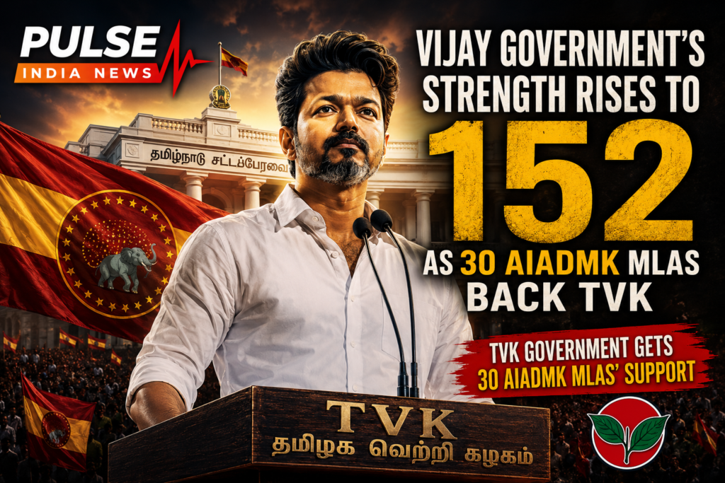 Tamil Nadu Chief Minister Vijay in cinematic political poster as TVK government strength rises to 152 with support from 30 AIADMK MLAs