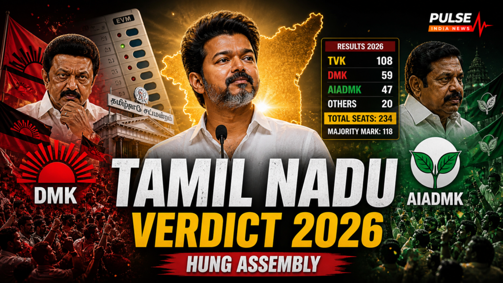 Tamil Nadu Election 2026 results showing Vijay emerging as the largest party in a hung assembly scenario with DMK and AIADMK