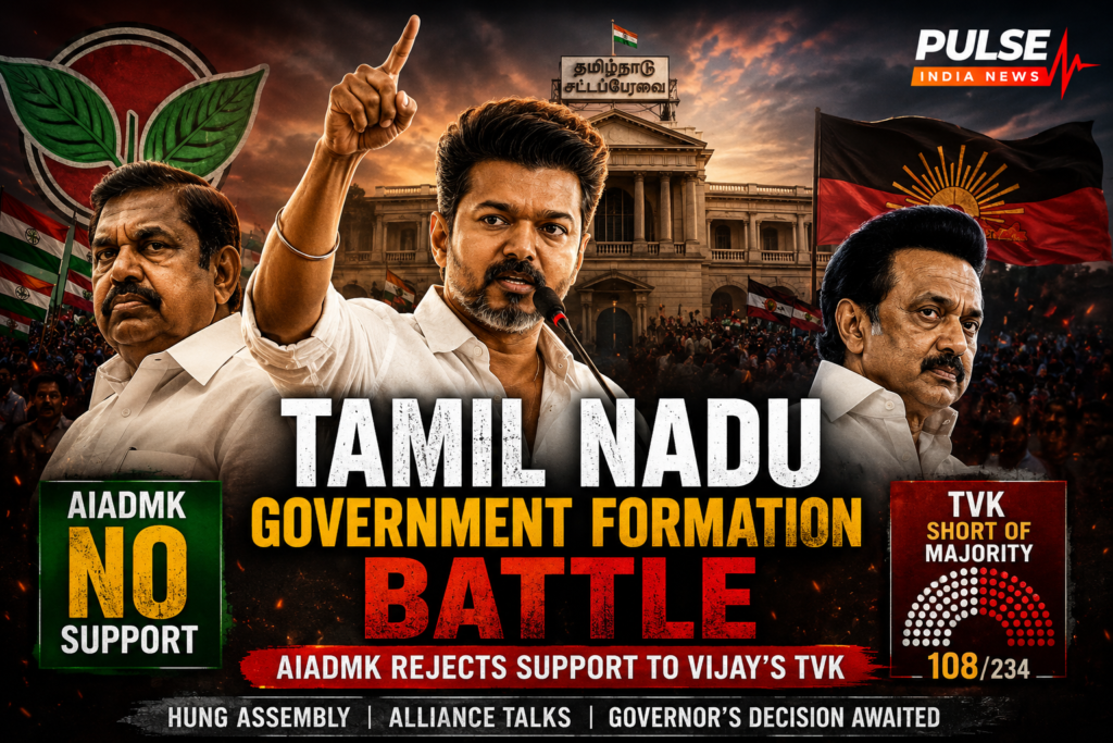 Vijay’s TVK faces government formation uncertainty in Tamil Nadu after AIADMK refused support following the 2026 Assembly election results.