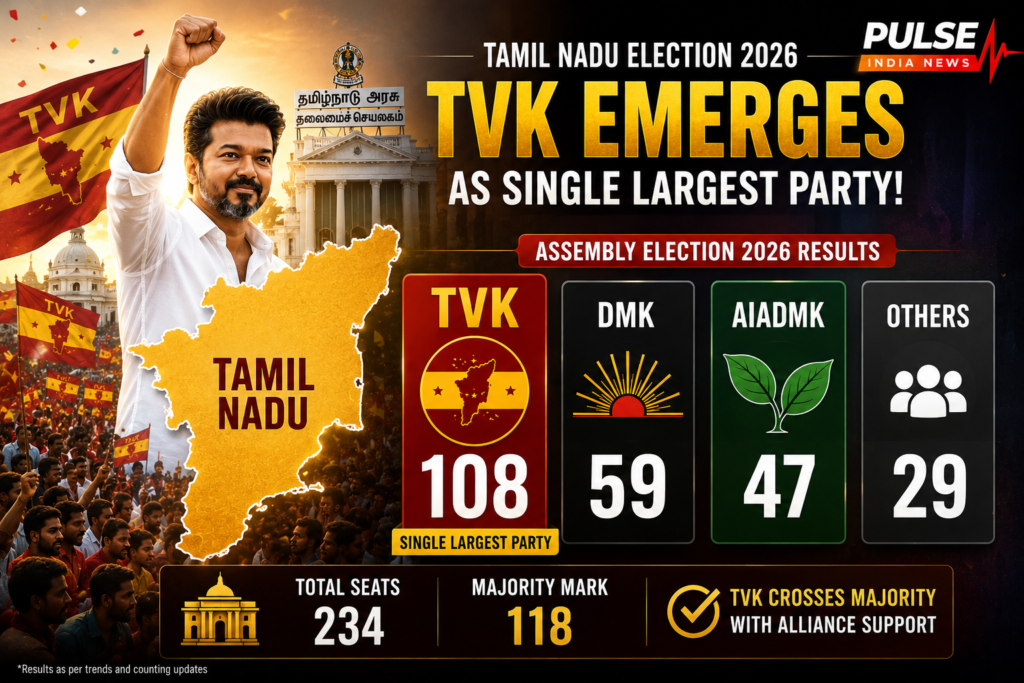 Tamil Nadu Assembly Election 2026 seat tally showing TVK emergence