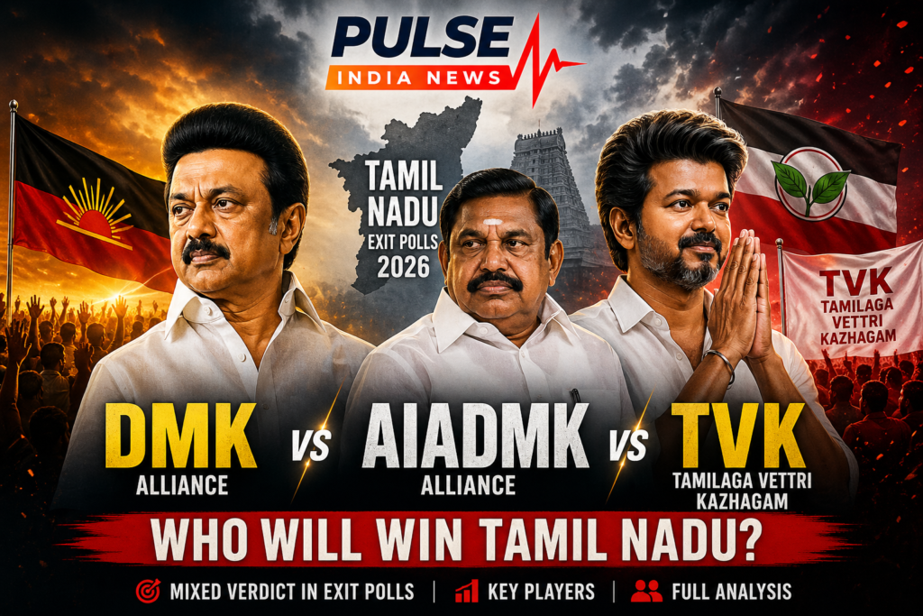 Tamil Nadu exit polls 2026 showing DMK vs AIADMK vs TVK political contest with leaders representing three major parties