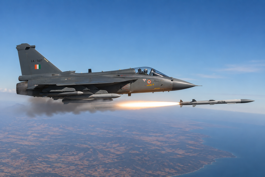 Tejas Mk1A fighter equipped with Astra beyond visual range missile during combat operations.