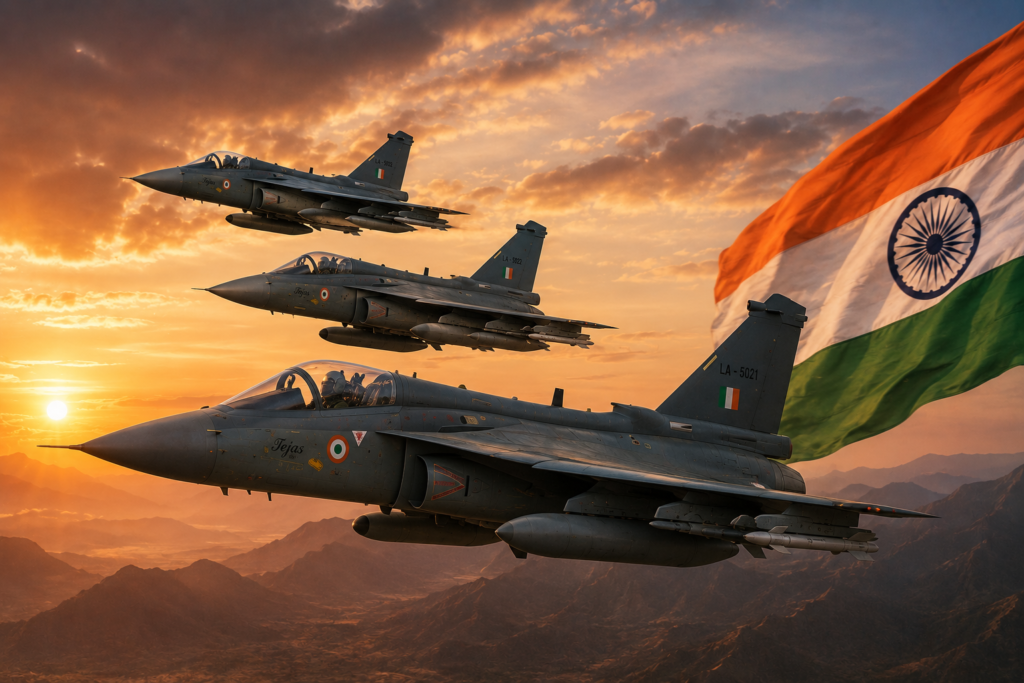 Indian Air Force Tejas fighter jets flying in formation during operational deployment exercise